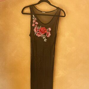 Sheer Black Mesh Maxi Dress with Floral Embroidery